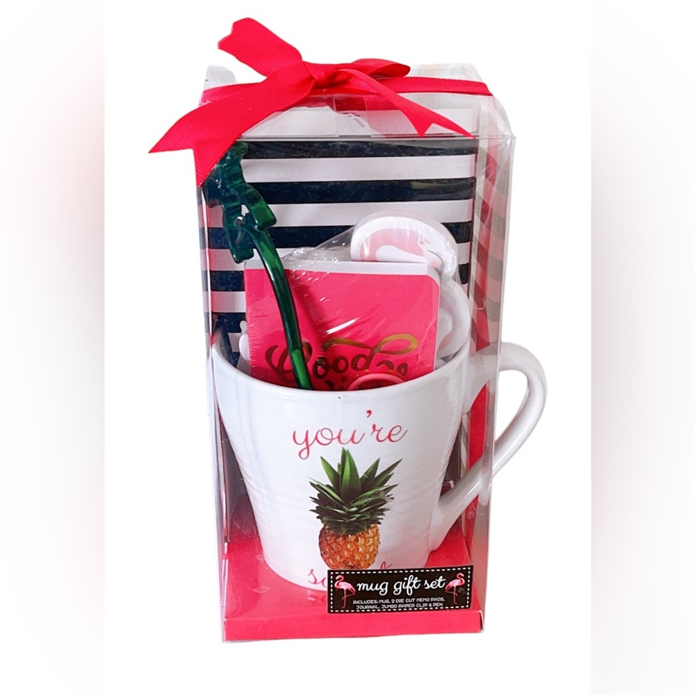 New Mug Gift Set Pineapple Mug Flamingos Note Pad Palm Tree Pen Journal